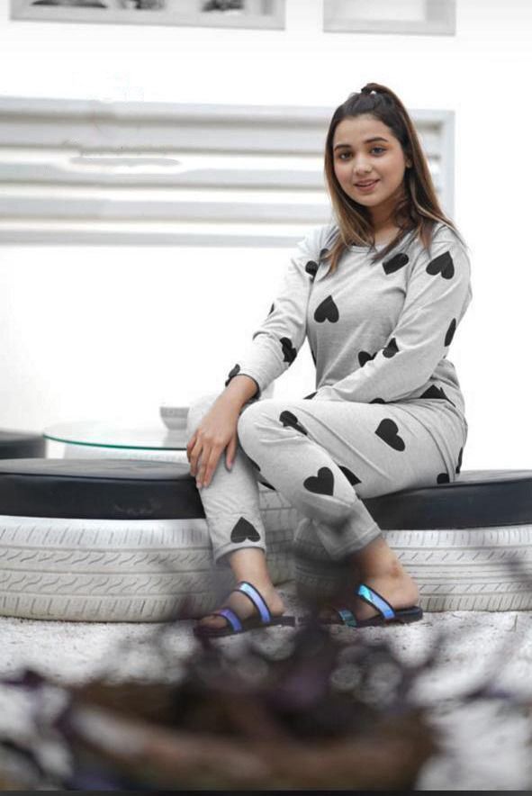 Grey With Black Hearts Full Sleeves Night Suit